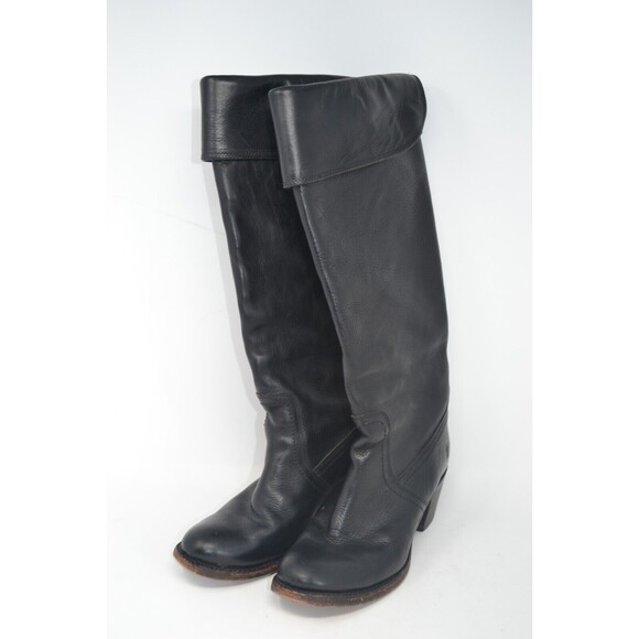 FRYE 77595 Jane Knee High Tall Cuff Boot Women Size 7 B Black Leather Block Heel - Picture 1 of 16